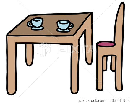 Cute hand drawn illustrations of table, chair and tea cups for kitchen, kitchenware, home design, housing, living room, furniture, relax, weekends, hobbies, leisure, department store, interior design 133331964