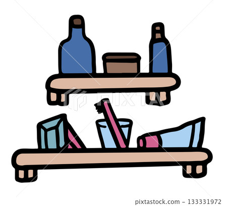 Cute hand drawn illustrations of toilet shelf with bottles of soap and shampoo, toothbrush, toothpaste for house, interior, toiletry, bathroom vanity, bathroom, lifestyle, morning routine, washroom Cute hand drawn illustrations of toilet shelf with bottles of soap and shampoo, toothbrush, toothpaste for house, interior, toiletry, bathroom vanity, bathroom, lifestyle, morning routine, washroom 133331972