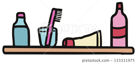 Cute hand drawn illustrations of toilet shelf with bottles of soap and shampoo, toothbrush, toothpaste for house, interior, toiletry, bathroom vanity, bathroom, lifestyle, morning routine, washroom Cute hand drawn illustrations of toilet shelf with bottles of soap and shampoo, toothbrush, toothpaste for house, interior, toiletry, bathroom vanity, bathroom, lifestyle, morning routine, washroom 133331975