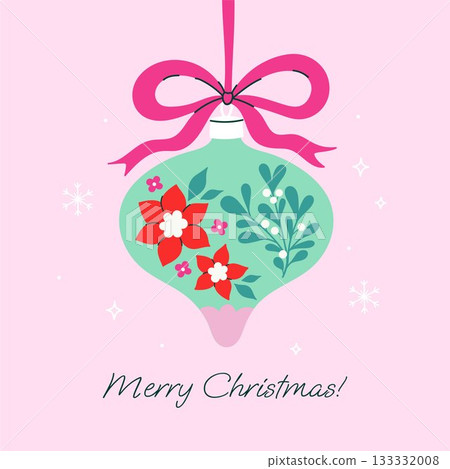 Christmas glass ball decorated with flowers. Vector graphics. 133332008