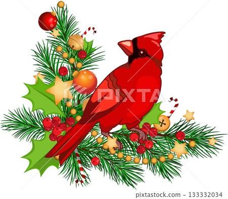 Christmas angle frame with fir branches, candy canes and golden garland, winter plants, pine branches. Christmas arrangement with cardinal bird 133332034