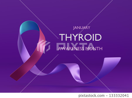 Blue, Pink, and Purple ribbon. Thyroid Awareness Month with Gradient Colors. Thyroid health awareness banner design. 3d rendering Blue, Pink, and Purple ribbon. Thyroid Awareness Month with Gradient Colors. Thyroid health awareness banner design. 3d rendering 133332041