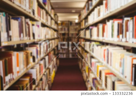 Aisle amidst bookshelves in library 133332236
