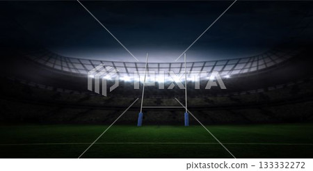 Flat design rugby stadium showing night floodlights lighting green pitch with blue padded goal post 133332272