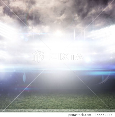Empty grass sports field featuring white line and floodlights creating lens flares in flat design Empty grass sports field featuring white line and floodlights creating lens flares in flat design 133332277