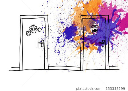 Flat design is showing two doors on white wall with gear and coffee icons, paint splashes 133332299