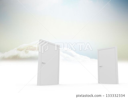 Surreal flat design showing two white doors standing on glossy floor floating in clouds pastel sky 133332334