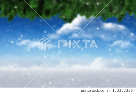 Winter landscape is being shown in flat design, with snowflakes, white clouds and evergreens Winter landscape is being shown in flat design, with snowflakes, white clouds and evergreens 133332336