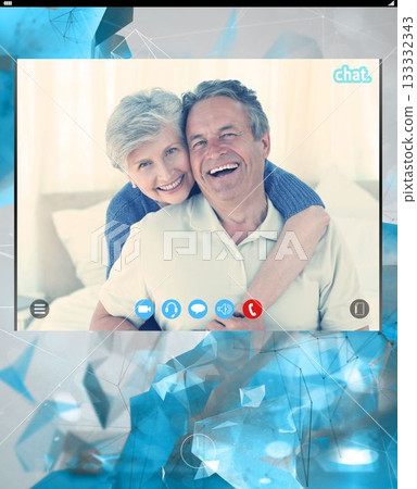 Portrait of cheerful senior woman embracing man on computer screen during video call Portrait of cheerful senior woman embracing man on computer screen during video call 133332343