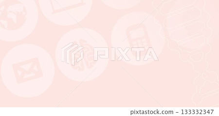 Showing flat translucent circles on pink featuring brain, envelope, globe, calculator and DNA helix 133332347