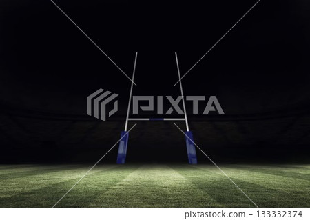Rugby goal post with blue padded bases is standing on grass in flat night stadium illustration Rugby goal post with blue padded bases is standing on grass in flat night stadium illustration 133332374