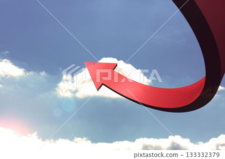 Red curved arrow pointing up against sky 133332379