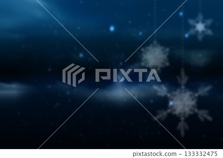 Flat design winter night sky showing three hanging snowflake ornaments on dotted strings Flat design winter night sky showing three hanging snowflake ornaments on dotted strings 133332475