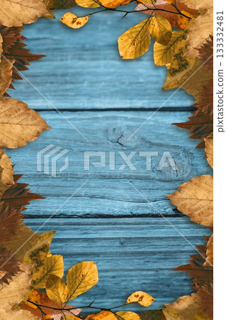 Blue painted wooden planks are sitting in flat design with yellow and brown leaves around edges 133332481
