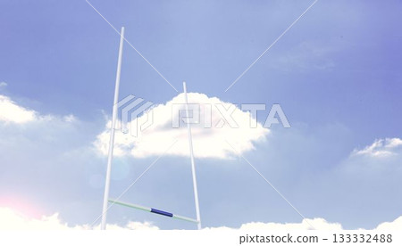 Flat design rugby goal post is standing against blue sky with white clouds and lens flare Flat design rugby goal post is standing against blue sky with white clouds and lens flare 133332488