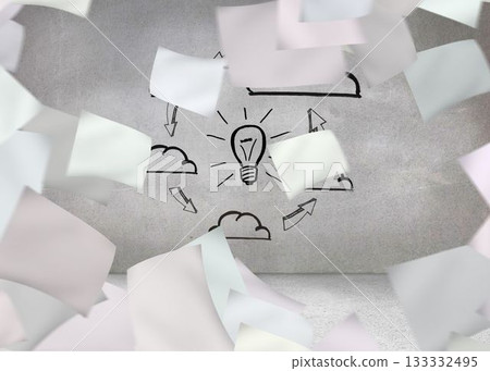 White paper in front of grey wall with graphic White paper in front of grey wall with graphic 133332495