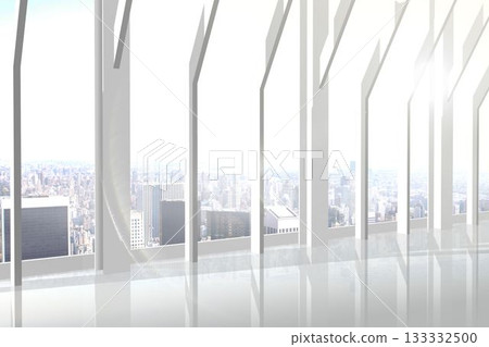 Room with large window looking on city 133332500