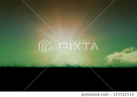Bright sun is rising over grassy horizon in flat design, with cloud and green gradient sky Bright sun is rising over grassy horizon in flat design, with cloud and green gradient sky 133332519