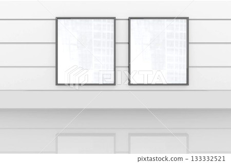Pair of blank posters are appearing in 3D render gallery, with metal strips and reflective floor Pair of blank posters are appearing in 3D render gallery, with metal strips and reflective floor 133332521