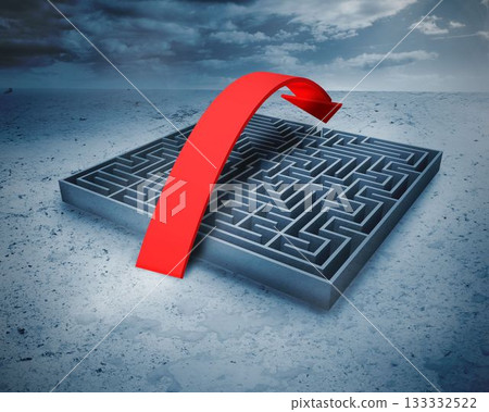 Big maze with arrow under cloudy sky Big maze with arrow under cloudy sky 133332522