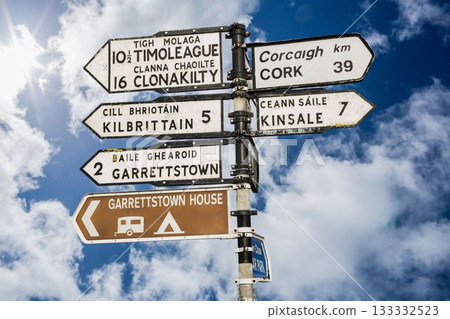 Close-up of sign posts with text 133332523