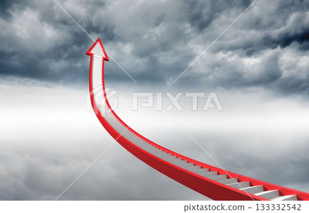 Red stairs arrow pointing up against sky 133332542