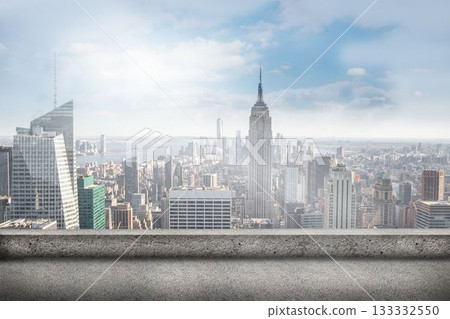 Empire State Building is towering over flat design rooftop terrace, showing concrete ledge skyline 133332550