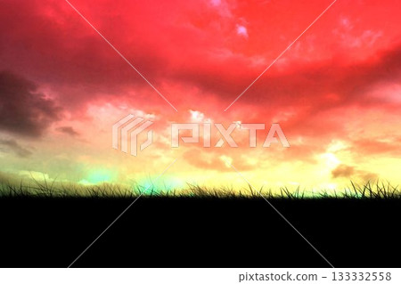 Vector design is showing grass silhouette stretching across horizon under vibrant colorful clouds 133332558