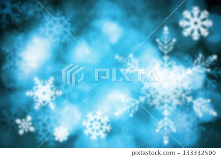 Symmetrical white snowflake pattern is being shown in abstract flat design, with blue bokeh lights 133332590