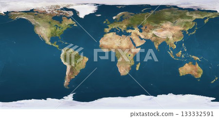 World map projection is showing continents, oceans, ice caps in flat design, transparent background World map projection is showing continents, oceans, ice caps in flat design, transparent background 133332591
