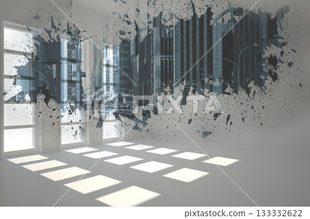 Flat design is showing floor-to-ceiling windows with light patches and splatter cityscape overlay 133332622