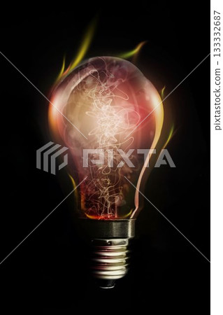 3D render glowing light bulb is floating in dark void with twisting filaments and flame wisps 3D render glowing light bulb is floating in dark void with twisting filaments and flame wisps 133332687