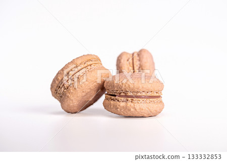 macarons, confectionery sweet product, pink macarons isolated on white background 133332853