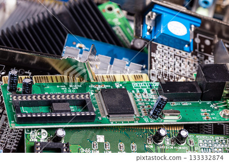 pile with various computer electrical boards and components, Repairing and upgrade concept, closeup 133332874
