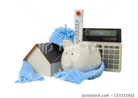 Winter prep: piggy bank and thermometer, isolated on white, PNG Winter prep: piggy bank and thermometer, isolated on white, PNG 133332982