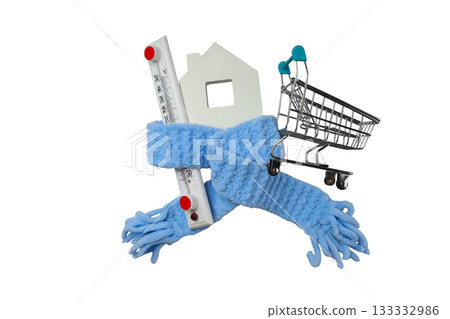 Cozy scene with scarves, thermometer, cart, isolated on white, PNG Cozy scene with scarves, thermometer, cart, isolated on white, PNG 133332986