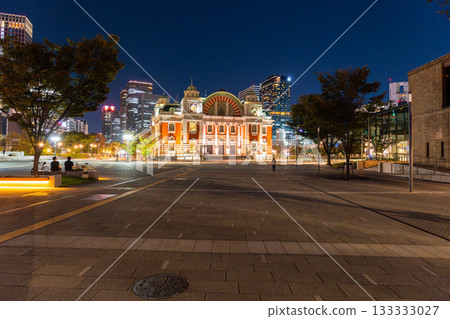 Osaka Prefecture: Night view of Osaka City Central Public Hall and Nakanoshima 133333027
