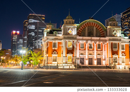 Osaka Prefecture: Night view of Osaka City Central Public Hall and Nakanoshima 133333028