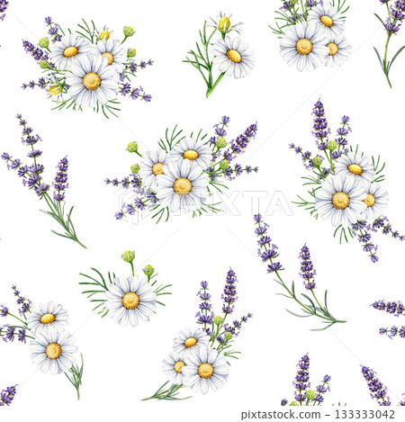 Chamomile and lavender flowers seamless pattern on white background. Hand drawn lavender and chamomile flowers watercolor illustration. Organic medicinal herb pattern decor element Chamomile and lavender flowers seamless pattern on white background. Hand drawn lavender and chamomile flowers watercolor illustration. Organic medicinal herb pattern decor element 133333042