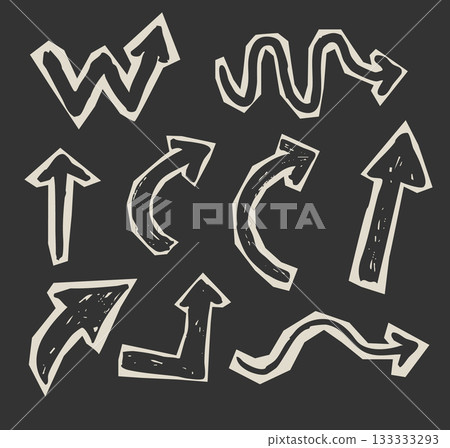 Cutout torn paper pieces arrows, grunge crayon hand drawn set. Collage funky, groovy retro doodle parts, scrapbook elements, design 133333293