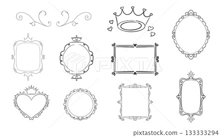 Princess frame mirror set line fairy. Whimsical cute doodle mirrors with crown for baby princess. Collection elegant pastel decor. 133333294