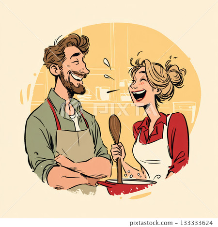 Hand-drawn style illustration of a happy, laughing couple wearing aprons and cooking together over a pot in a cheerful, sunlit kitchen setting. Vector illustration Hand-drawn style illustration of a happy, laughing couple wearing aprons and cooking together over a pot in a cheerful, sunlit kitchen setting. Vector illustration 133333624