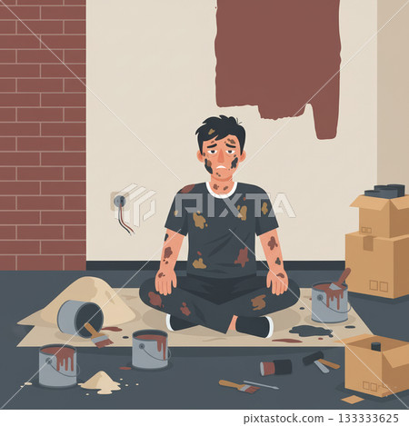 Flat illustration of a sad, exhausted man sitting amidst spilled paint buckets, brushes, and materials, covered in various paint splatters. Vector illustration Flat illustration of a sad, exhausted man sitting amidst spilled paint buckets, brushes, and materials, covered in various paint splatters. Vector illustration 133333625