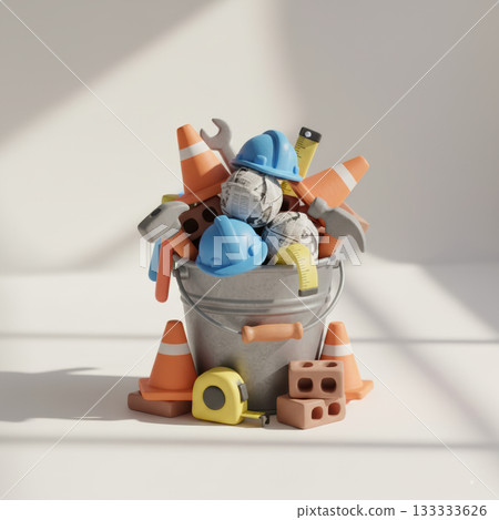 3D illustration of a galvanized metal bucket overflowing with various construction tools, hard hats, traffic cones, and tape measures. Vector illustration 133333626