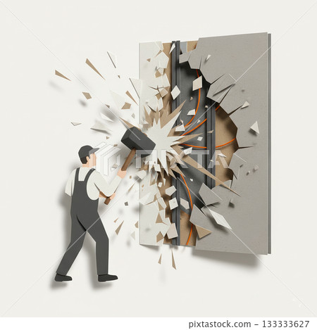 Stylized papercraft illustration of a construction worker breaking a drywall/layered wall, revealing structure and electrical wiring inside. Vector illustration 133333627