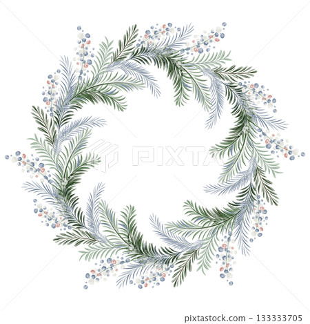 Watercolor Christmas wreath made of pine and spruce branches. Circular festive frame for card, template, or poster. Isolated illustration for winter design. 133333705