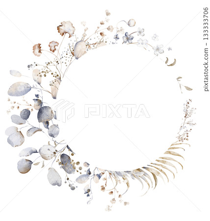 Watercolor eucalyptus wreath frame with leaves and twigs. Botanical floral circular design for wedding, greeting, and holiday cards. Watercolor eucalyptus wreath frame with leaves and twigs. Botanical floral circular design for wedding, greeting, and holiday cards. 133333706