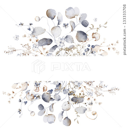 Eucalyptus leaf framework in watercolor style. Ideal for greeting cards, invitations, and wedding templates. Floral and botanical hand drawn elements. Eucalyptus leaf framework in watercolor style. Ideal for greeting cards, invitations, and wedding templates. Floral and botanical hand drawn elements. 133333708