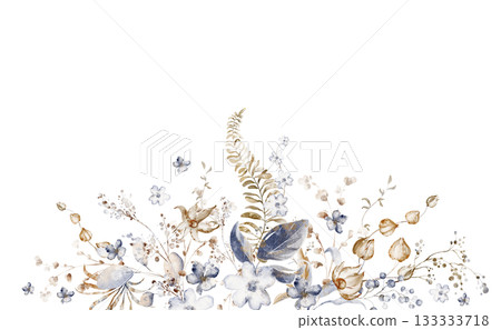 Watercolor botanical arrangement with dried flowers for wedding and invitation. Floral illustration for card and stationery. Isolated composition for design and decoration. 133333718