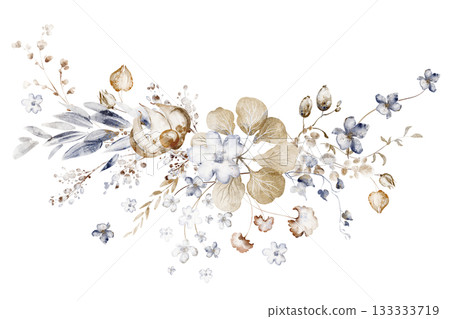 Watercolor botanical arrangement with dried flowers for wedding and invitation. Floral illustration for card and stationery. Isolated composition for design and decoration. Watercolor botanical arrangement with dried flowers for wedding and invitation. Floral illustration for card and stationery. Isolated composition for design and decoration. 133333719